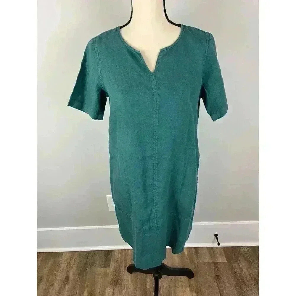 J. Jill Garment Dyed Shift Dress 100% Linen Pockets Short Sleeve Green Xsp Midi